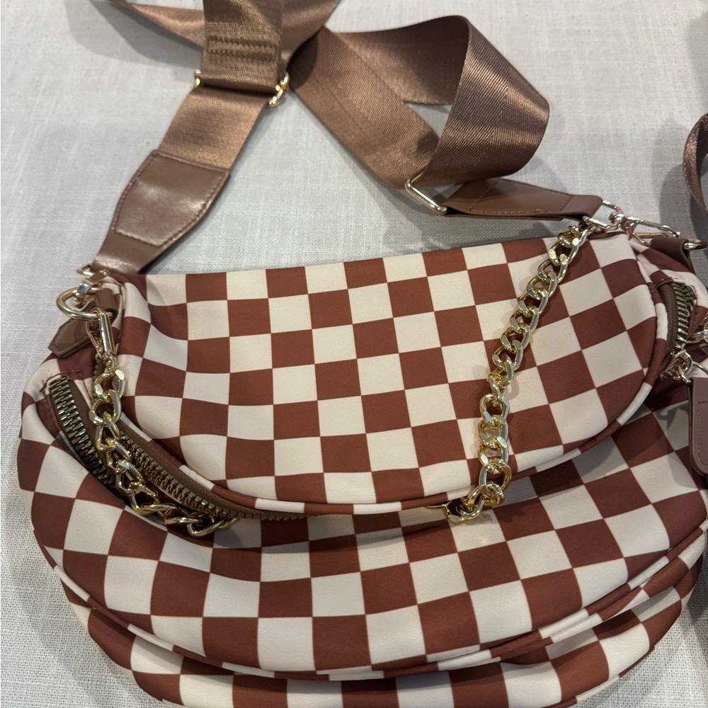 New Brown & Cream Checker Crossbody Bag with Gold Chain
